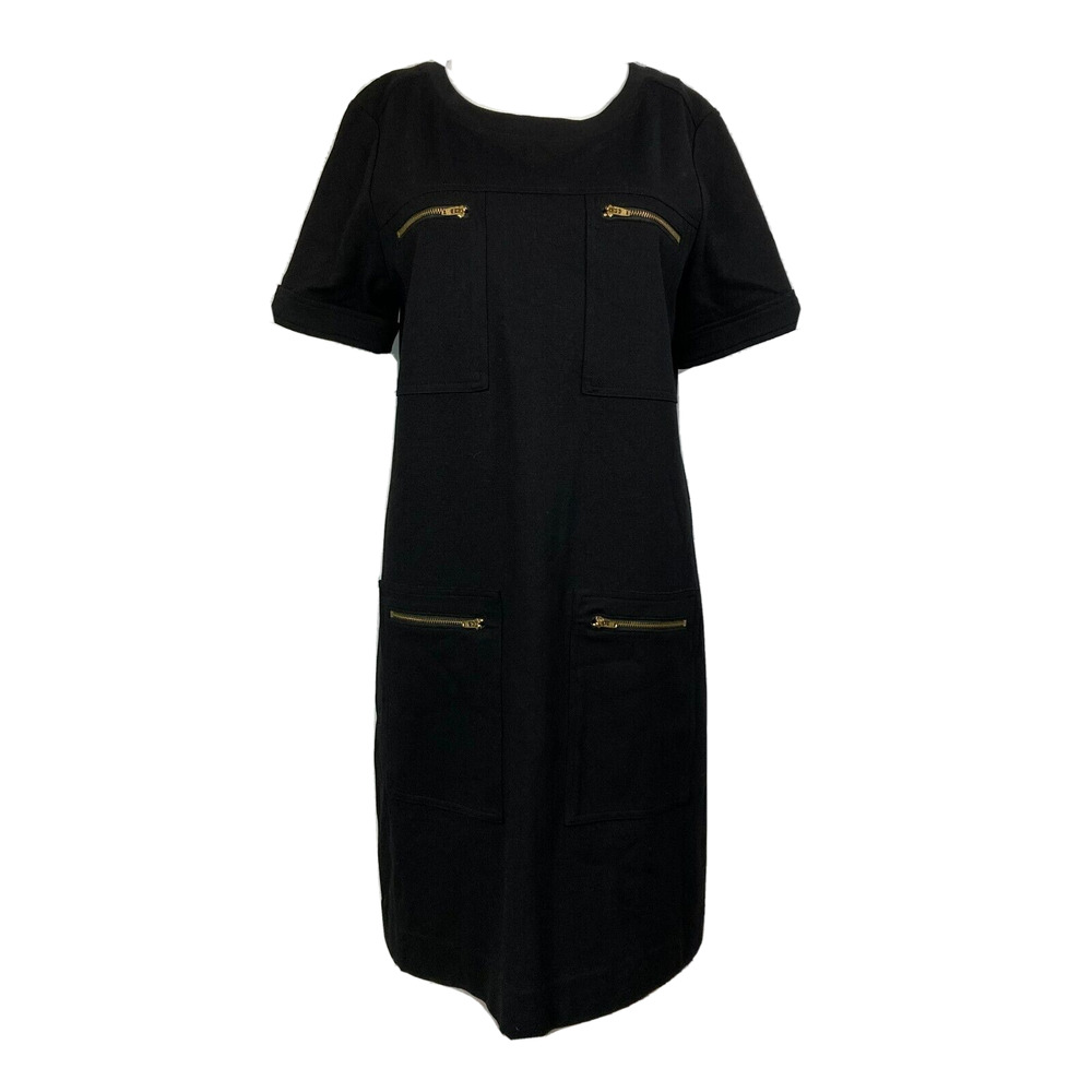 J. Crew Dress Womens Sz 8‎ Black Ponte Knit Shift Stretch Gold Zippers Pockets